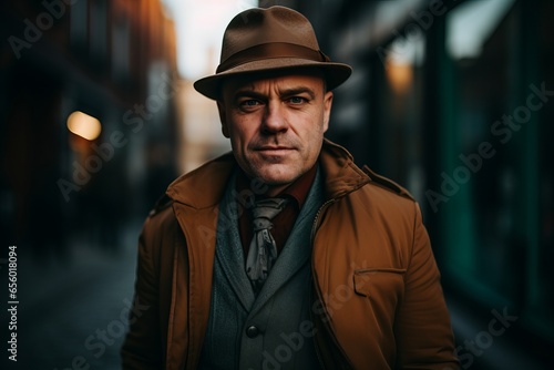 Portrait of a handsome middle-aged man in a brown coat and hat. Men's beauty, fashion. © Inigo