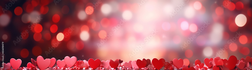 banner Valentines day empty wooden table top with blurred red hearts lights garland festive background, suitable for product presentation backdrop, display, mock up