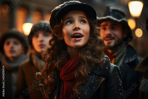 Carolers singing festive songs while standing under a lamppost on a snowy street. Generative Ai.