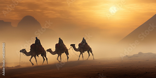 Camel caravan passing in front of the pyramids  traditional scene  early morning mist