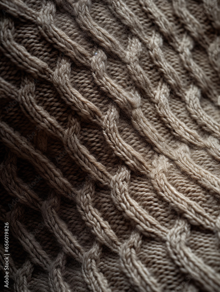 Highly detailed close - up of intricate knitting patterns on a sweater, revealing texture
