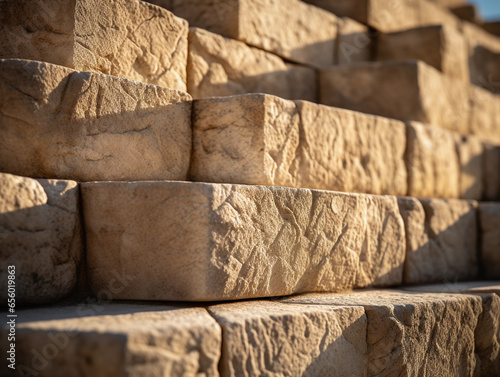 close - up of the textured limestone blocks of a pyramid, soft afternoon light creating subtle shadows