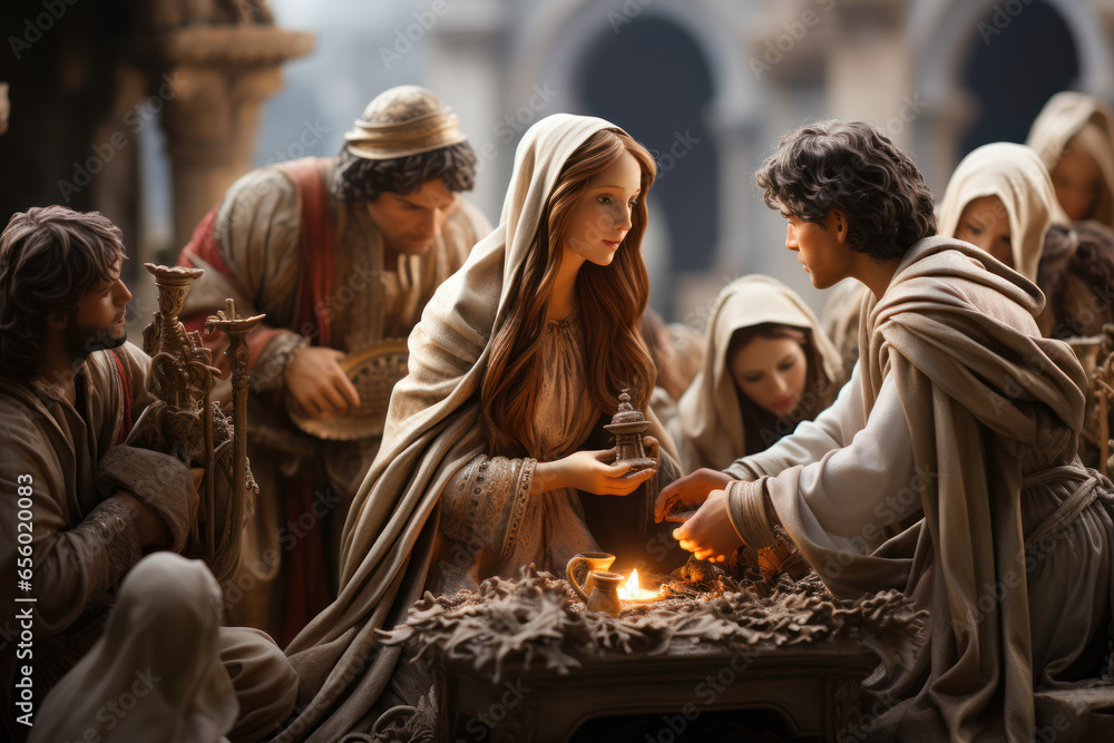 Obraz premium A nativity scene displayed in the church courtyard during the Christmas season. Generative Ai.