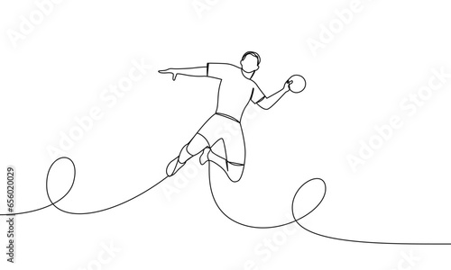 Single continuous line of handball player jumping with the ball. Type of sport, handball. One line vector illustration, outline