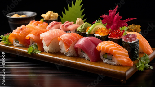 Japanese sushi platter, Nigiri and Sashimi, pristine presentation, vibrant wasabi and ginger accents, bamboo mat