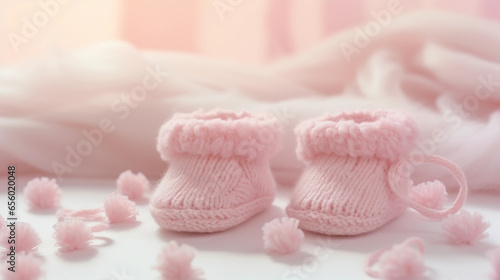 Knitted baby booties in pastel pink, lying on a soft white blanket, delicate morning light