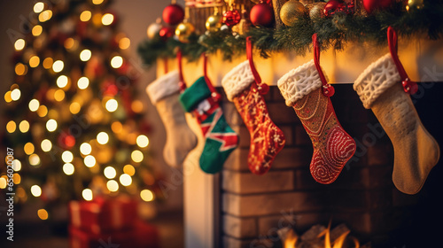 Knitted Christmas stockings hanging from a rustic mantel, filled with holiday treats, soft bokeh background of a decorated tree