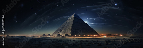 The Great Pyramid illuminated under a full moon, night sky filled with stars, ethereal atmosphere
