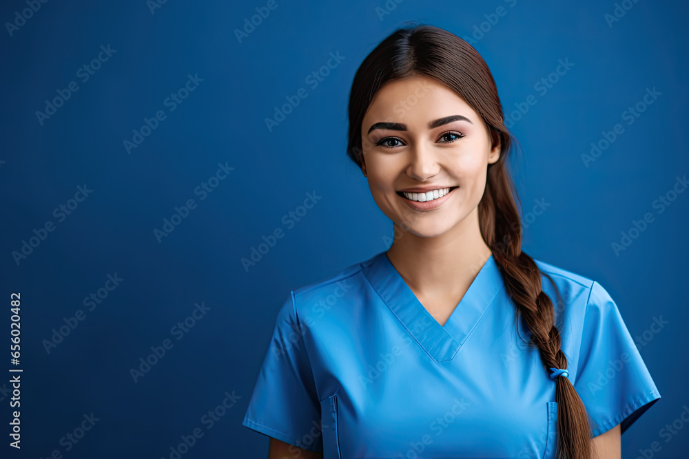 Portrait of a smiling female doctor or nurse wearing blue scrubs uniform on blue background. - obrazy, fototapety, plakaty 