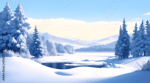 Winter landscape with a river on a plain, snow-covered trees and mountains in the distance in sunny weather, AI generation © Volodymyr