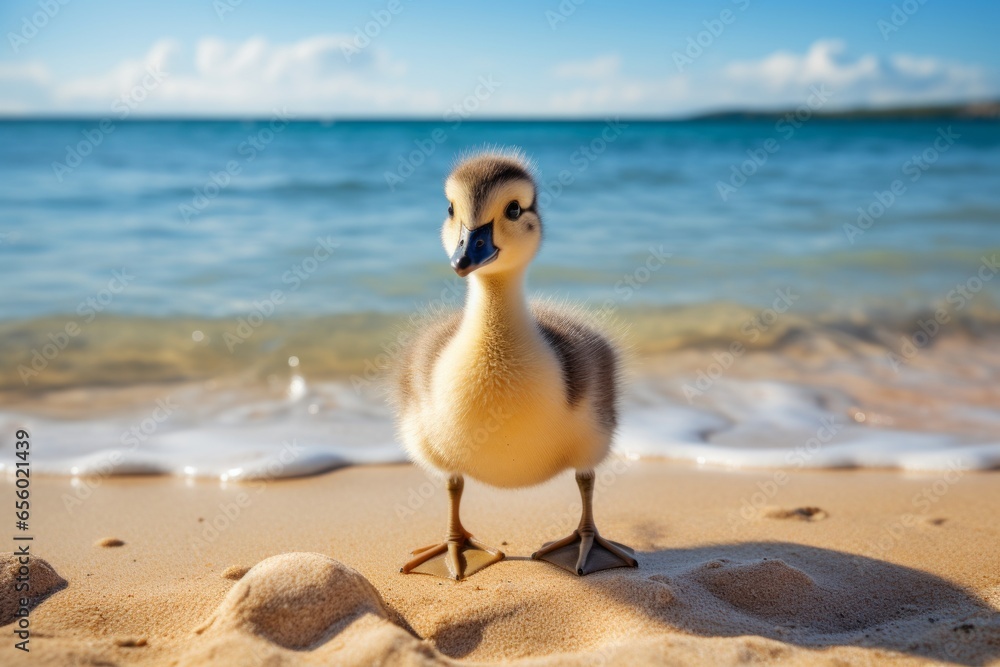 Fototapeta premium Adorable yellow canadian goose gosling perched on a sandy beach Generative Ai