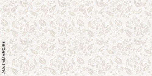 Subtle rustic elegance wedding floral block print linen seamless border. Banner print of white on white tonal cotton effect flower ribbon.