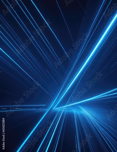 Beautiful abstract futuristic dark background with with many lines neon blue glow