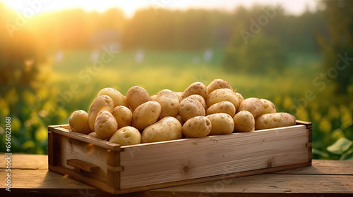 Potatoes in wooden box full on table with green field. Generative Ai