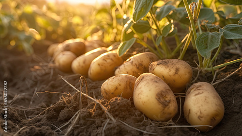 Ripe potatoes on ground in plant field. Generative Ai