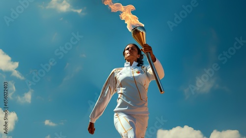 A female athlete solemnly carries the Olympic flame against the blue sky. © Vadim
