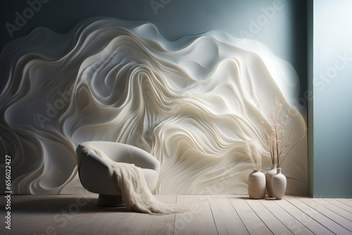 Сlay modeling interior with abstract wavåes on wall background with flowing curves. Elegant gypsym plaster decoration in different shapes photo