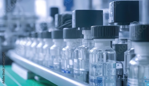 Medical vials are being produced at a pharmaceutical factory's assembly line. A pharmaceutical machine is being used to produce pharmaceutical glass bottles.