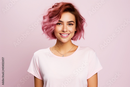 Beautiful young smiling woman with short pink hair on a light background