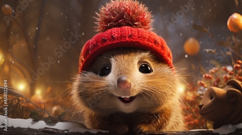 A hamster wearing a red hat and holding a bear