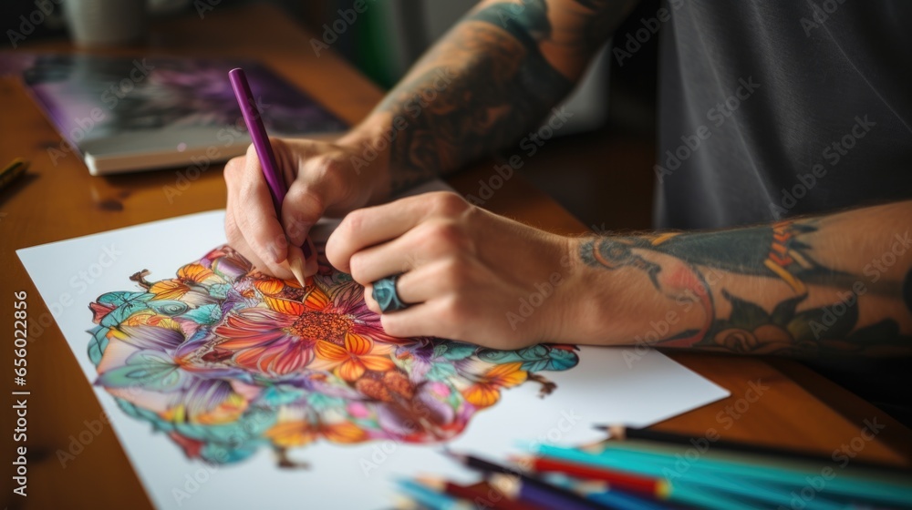 A man with tattoos is drawing on a piece of paper A man with tattoos is drawing on a piece of paper