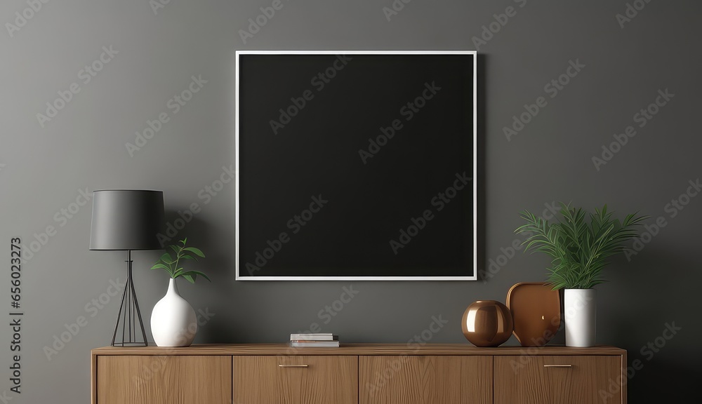 Mockup frame on cabinet in a living room. Background of empty dark grey wall 