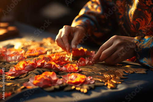 A skilled artisan crafting intricate patterns on a Persian rug, showcasing the region's rich textile heritage. Concept of craftsmanship in the Near East. Generative Ai. photo