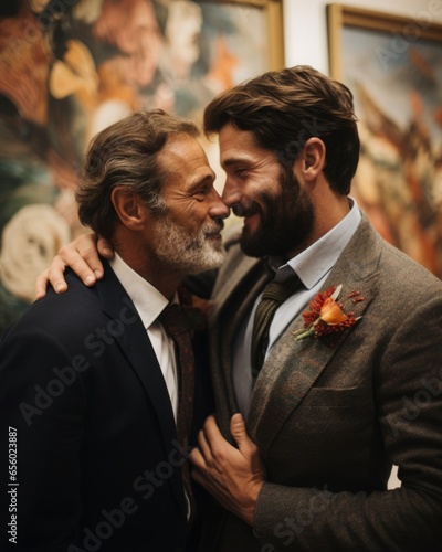 A touching moment at the wedding of a homosexual couple. The partners are happy and hug each other.