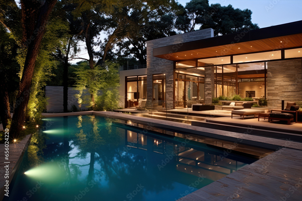 modern cozy house with pool and parking for sale or rent. Clear summer night modern cozy house with pool and parking for sale or rent. Clear summer night