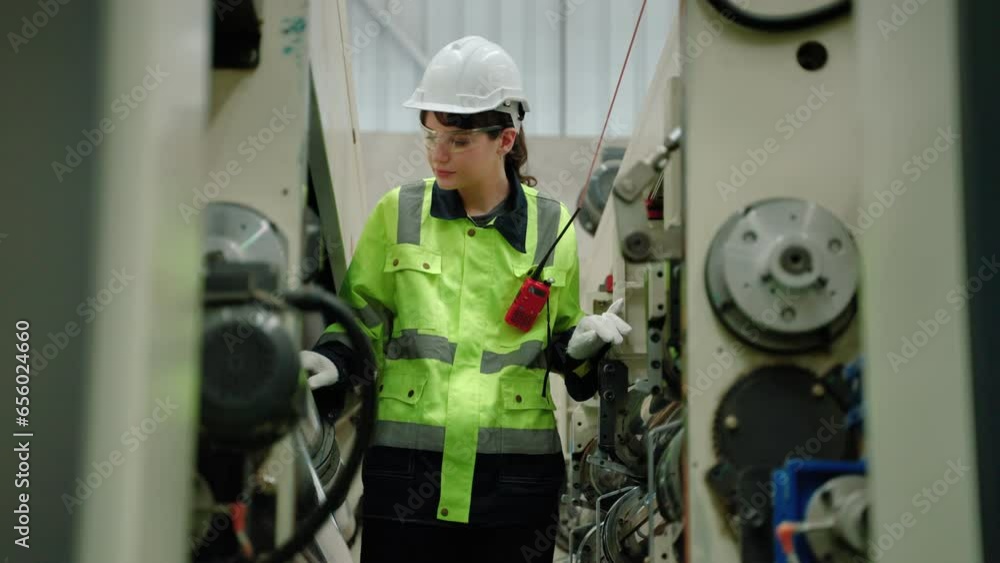 Maintenance engineer inspects machinery in a cardboard parts factory.
Maintenance engineer inspects machinery in a cardboard parts factory.