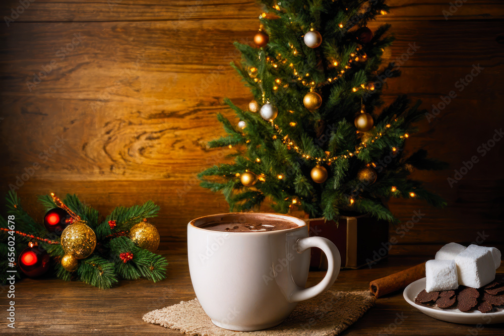 Still life digatal photo of Mug of hot chocolate with marshmallow, cinnamon, homemade cookies and Christmas ornament on a dark wood rustic background