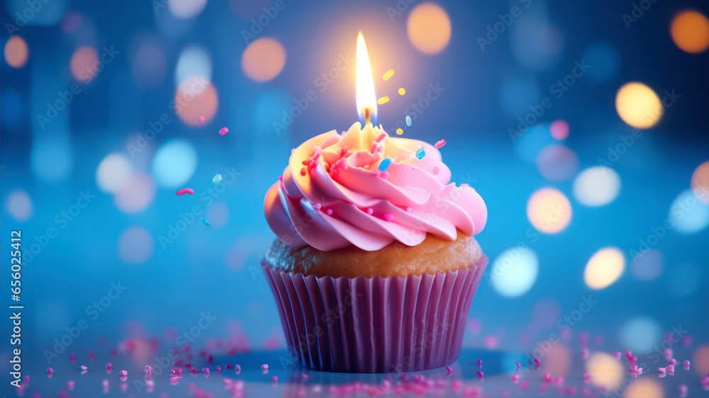 Birthday cupcake with burning candle on blue background with bokeh Birthday cupcake with burning candle on blue background with bokeh