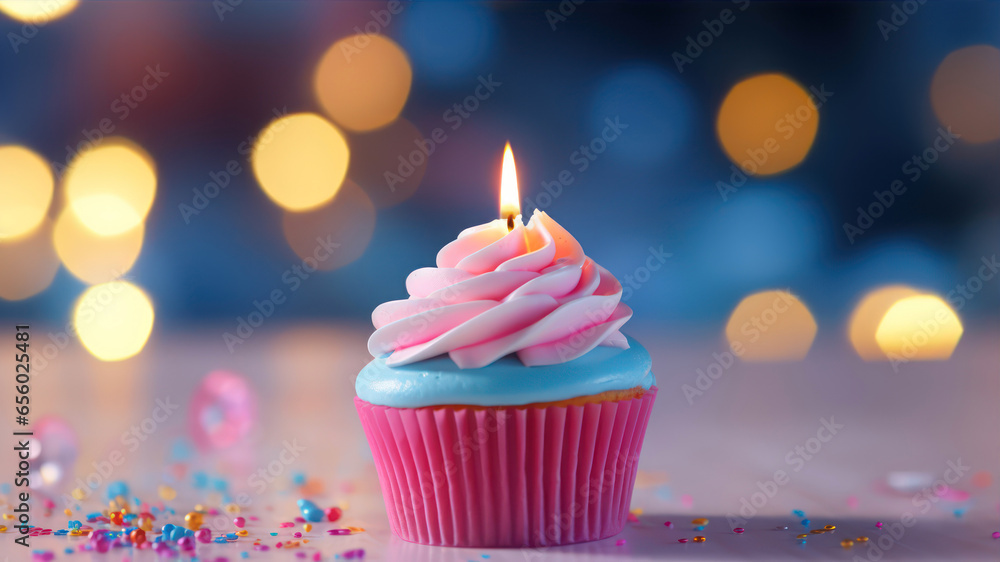 Birthday cupcake with candle on bokeh background, closeup Birthday cupcake with candle on bokeh background, closeup