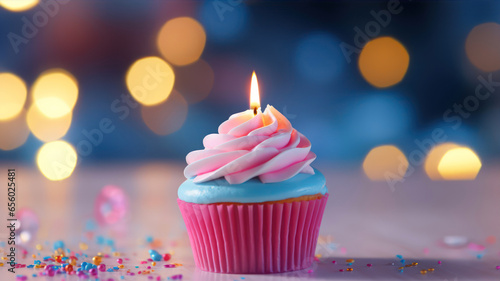 Birthday cupcake with candle on bokeh background  closeup