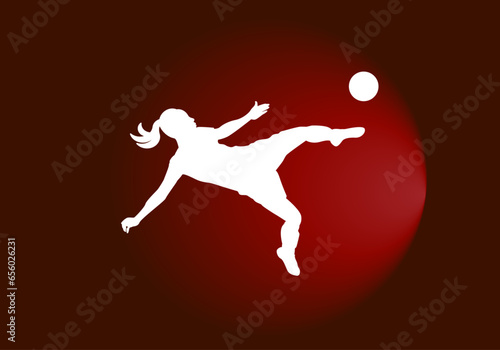 Futbolista femenina gopeando el balón sobre fondo degradado rojo