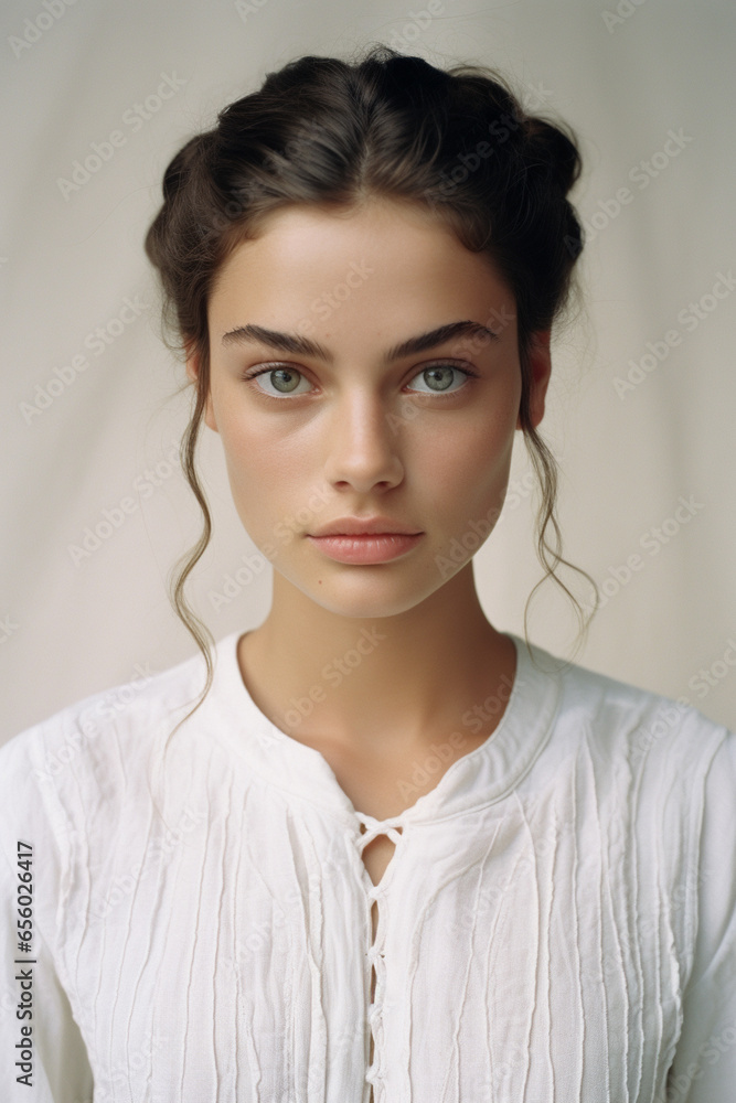 Portrait of a brunette girl in a white linen dress with braided hair Portrait of a brunette girl in a white linen dress with braided hair