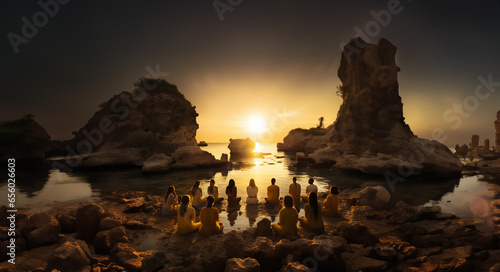 a group of people standing in a body of water