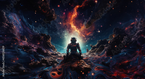 a man sitting on a horse in a space filled with clouds