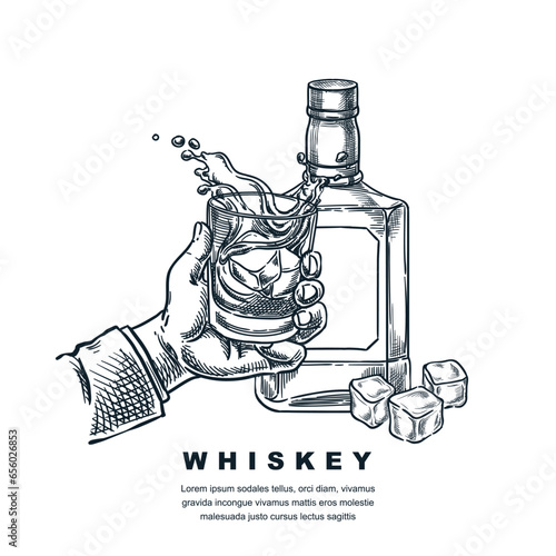 Man hand with scotch whiskey or bourbon glass. Vector hand drawn engraved sketch illustration of whiskey bottle