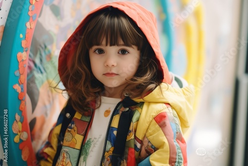 Portrait of a cute little girl in a bright raincoat.