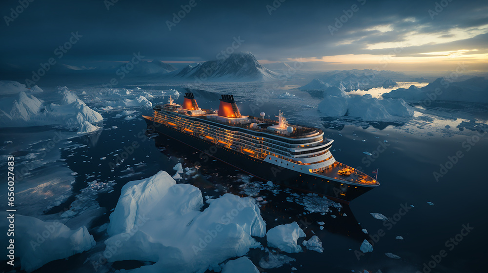 Aerial view of a glowing cruise ship in Antarctica at night - obrazy, fototapety, plakaty 