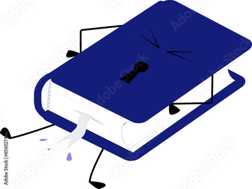 Closed blue book with inaccessible information. Textbook cartoon character. Vector illustration of a book