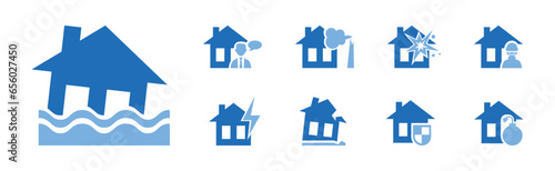 House and Property Insurance Blue Flat Icon Vector Set