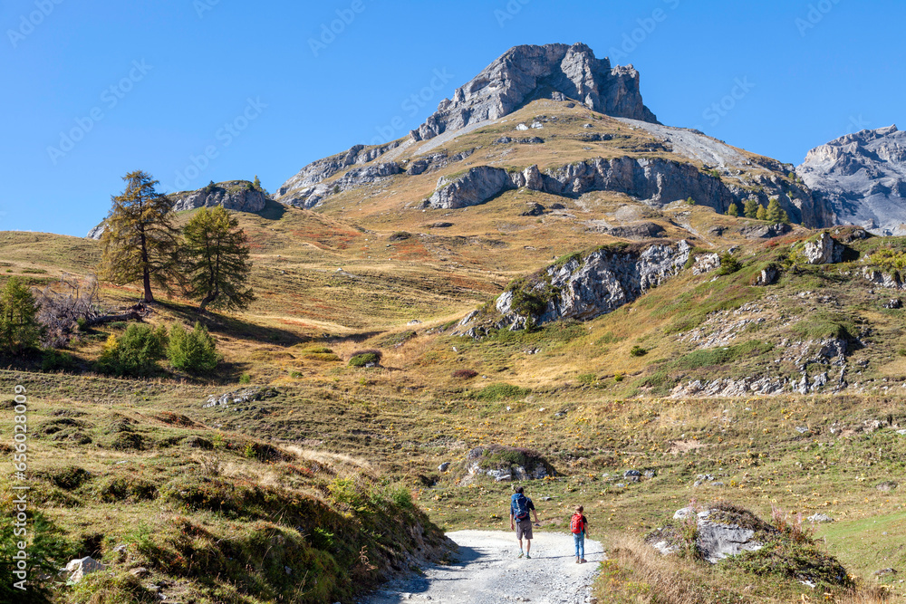 A man and a child are hiking in autumn on a mountain path, in the canton of Valais, Switzerland