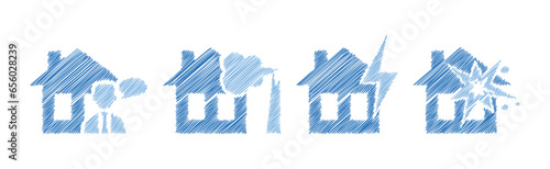House and Property Insurance Blue Flat Icon Pen Drawn Vector Set