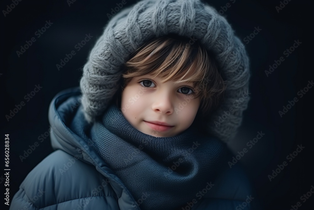 Portrait of a cute little boy in winter clothes over dark background. Portrait of a cute little boy in winter clothes over dark background.