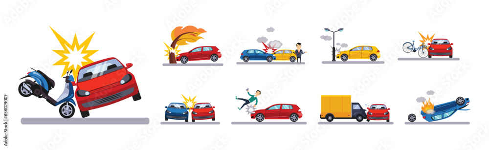 Car Accident on the Road and Traffic Incident Vector Set Stock Vector ...