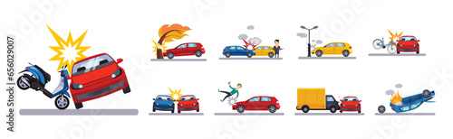 Car Accident on the Road and Traffic Incident Vector Set