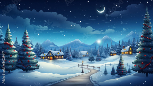 A lovely Christmas landscape. Village  houses with glowing windows  Christmas trees  mountains and a month in the sky. Cute New Year illustration.