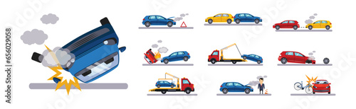 Car Accident on the Road and Traffic Incident Vector Set